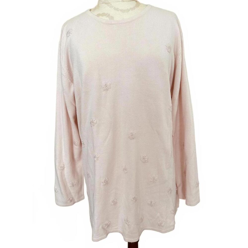 Vintage Sag Harbor Sweater Embroidered Flowers Long Sleeves Pink Size 1X